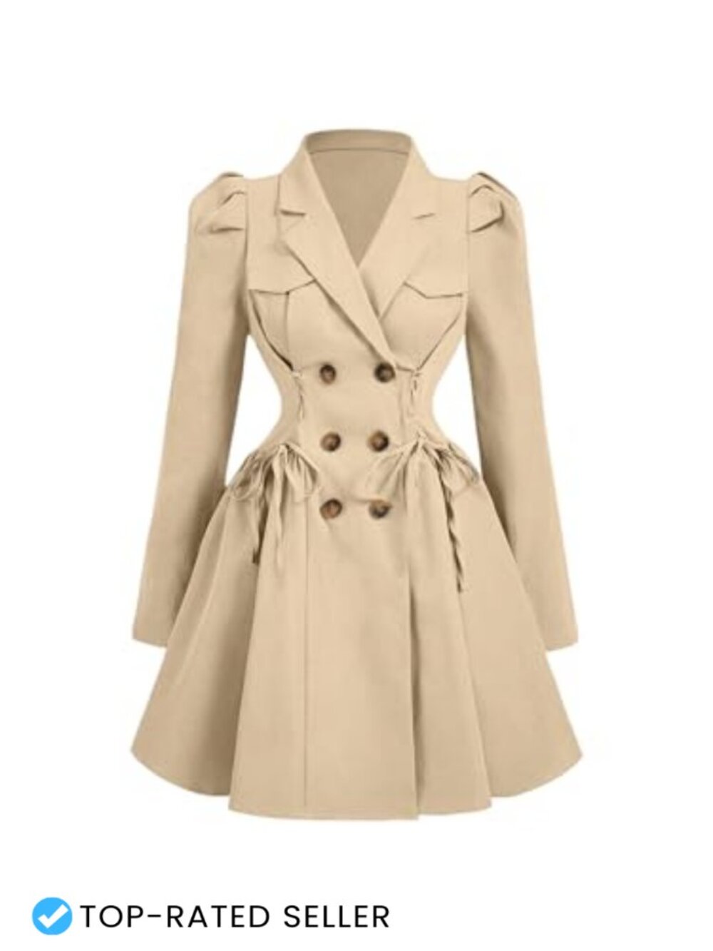 Women's Trench Coat Lapel Double Breasted Puff Sleeve A Line Jacket